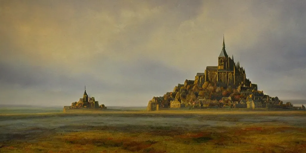 Prompt: oil painting portraying mont saint michel in the style of romanticism landscape painters,beautiful,mist,evocative