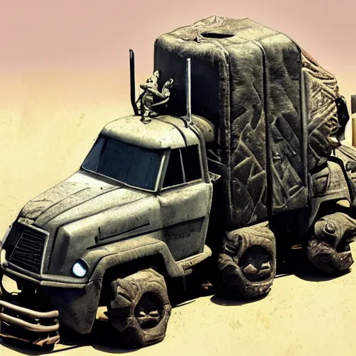 Image similar to rhinoceros as a truck in the style of mad max