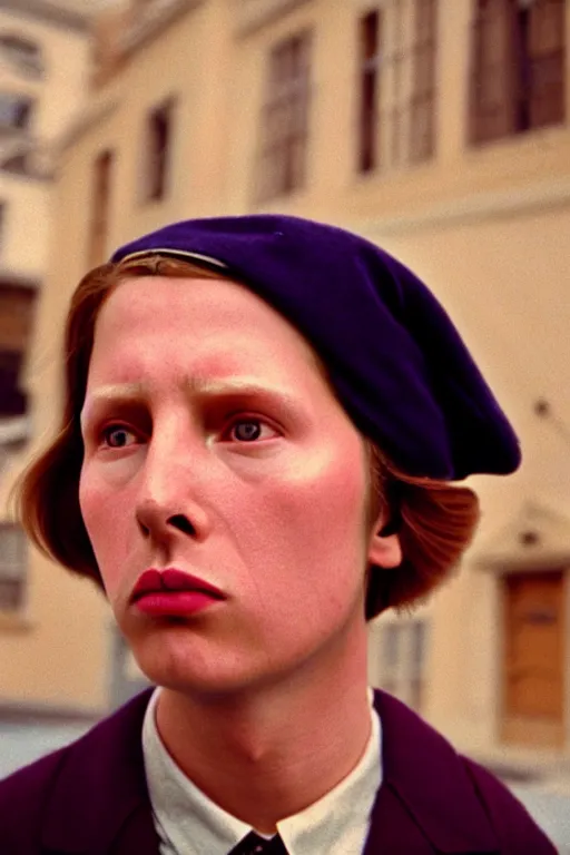 Image similar to beautiful wes anderson movie 3 5 mm film still insanely beautiful, tragically beautiful, only one head single portrait team fortress 2 scout team fortress 2 scout team fortress 2 scout team fortress 2 scout scout team fortress 2 scout, absurdly beautiful, elegant, photographic ultrafine hyperrealistic detailed face wes anderson color, vintage, retro,