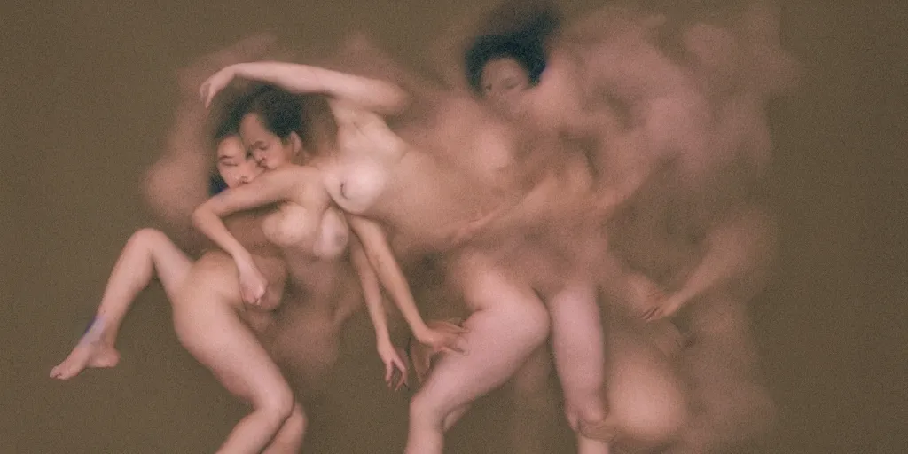 Image similar to flying fat hairy human bodies intertwined in an uneven fog in the style of nobuyoshi araki and klimt