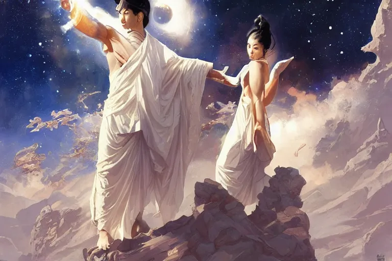 Image similar to space, buddhism, taoism, painting by greg rutkowski, j. c. leyendecker, artgerm