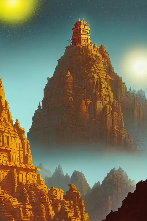 Image similar to ancient indian temple built into canyon walls, monks standing around golden statue glowing yellow, light streaks in the sky, floating planets and moons, dramatic lighting, artstation, matte painting, ralph mcquarrie, simon stalenhag