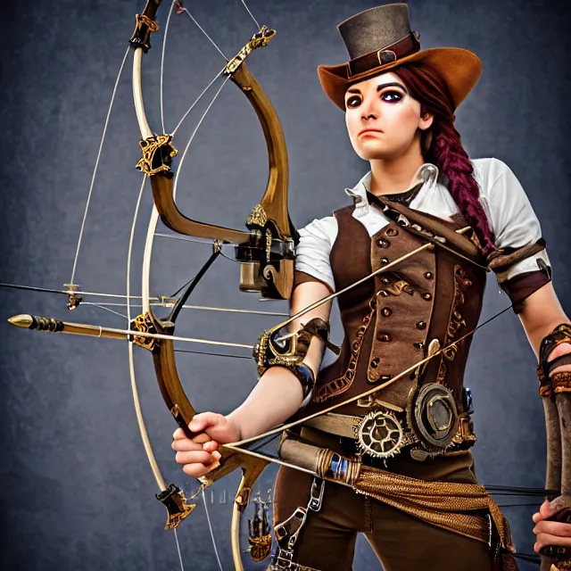 Image similar to steampunk archer, 4 k, hdr, smooth, sharp focus, high resolution, award - winning photo, anne stokes, photorealistic