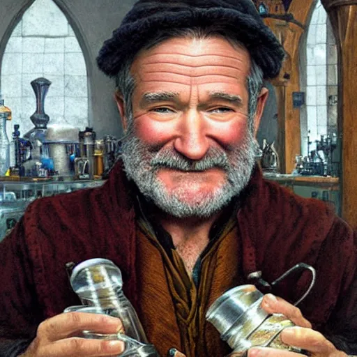 Image similar to an ultradetailed portrait of robin williams dressed as an alchemist, brewing potions in a workshop, d & d, fantasy, intricate, elegant, highly detailed, digital painting, matte, sharp focus, illustration, art by john collier and albert aublet and krenz cushart and artem demura and alphonse mucha