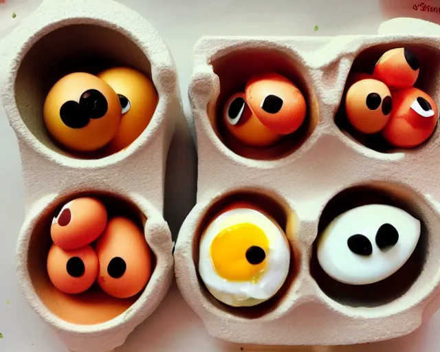 Image similar to eggs with happy faces on them. they have arms and legs made of twigs. yolk is pouring out of their snout. they had a hearty laugh. boogers are coming out of their noise.