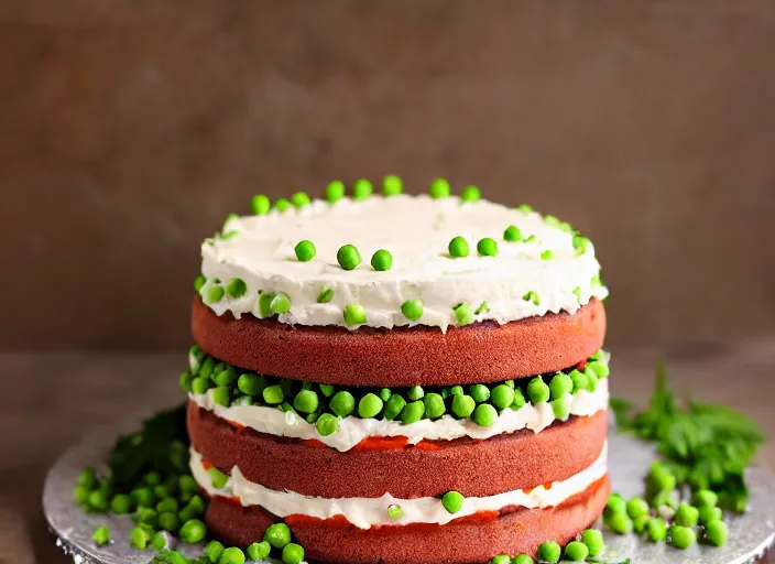 Image similar to dslr food photograph of a birthday cake iced with mashed potatoes and topped with ground beef carrots and peas, 8 5 mm f 1. 8