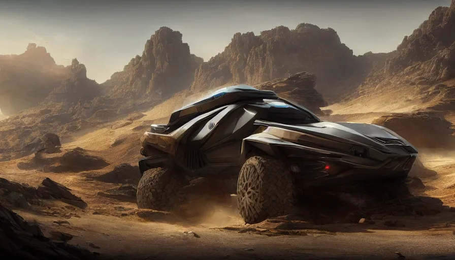 Image similar to a futuristic offroad suv designed by apple riding through socotra island, artgerm and greg rutkowski and alphonse mucha, an epic fantasy, establishing shot, volumetric light, detailed, trending on art station, octane render, midsommar