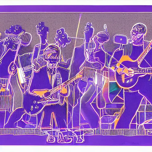 Prompt: electronic band lithograph by lance hidy with blue and purple hues