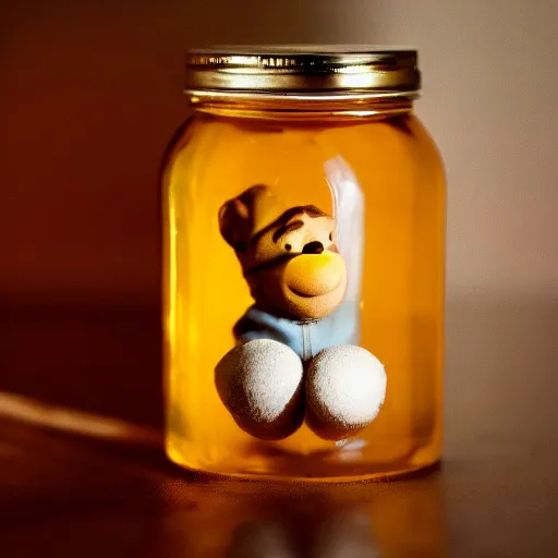 Image similar to a jar of honey made out of winnie the pooh's head, claymation, deep lighting