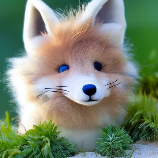 Prompt: a photorealistic adorable chubby fennic fox wolf rabbit hybrid, wearing bows on its fuzzy ears, grinning at the camera with a mischievous look, sharp teeth, happy lighting, at a tropical beach