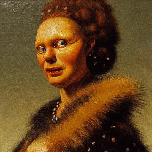 Image similar to disturbing dutch golden age oil painting by christian rex van minnen portrait of an extremely bizarre mutated proteus sundrome woman wearing fancy fur and jewels with intense chiaroscuro lighting perfect composition masterpiece