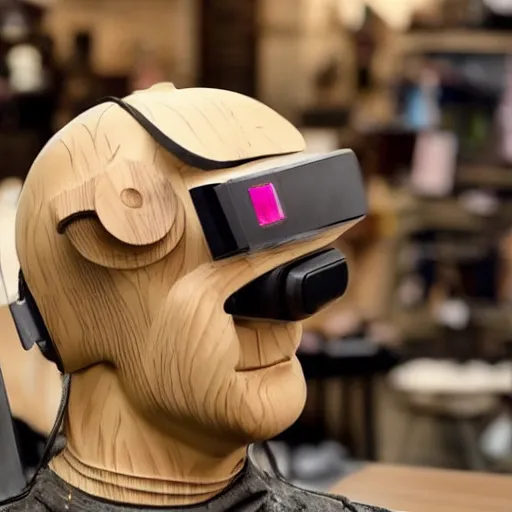 Image similar to wooden sculpture of cyborg viking wearing a vr headset, polished maple, thoughtful, elegant, real