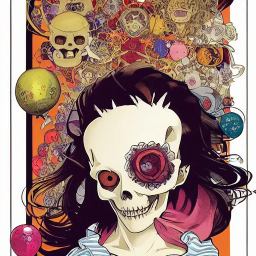 Prompt: anime manga skull portrait girl female skeleton holding balloon clouds in background illustration detailed patterns art Geof Darrow and Phil hale and Ashley wood and Ilya repin alphonse mucha pop art nouveau