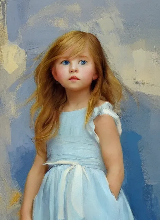 Image similar to a cute little girl with golden blonde hair and blue eyes standing in a picturesque french village wearing a sky blue summer dress. detailed face. beautiful painting by ruan jia