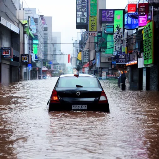 Image similar to seoul city is flooded by heavy rain. A car is middle of the street flooded.