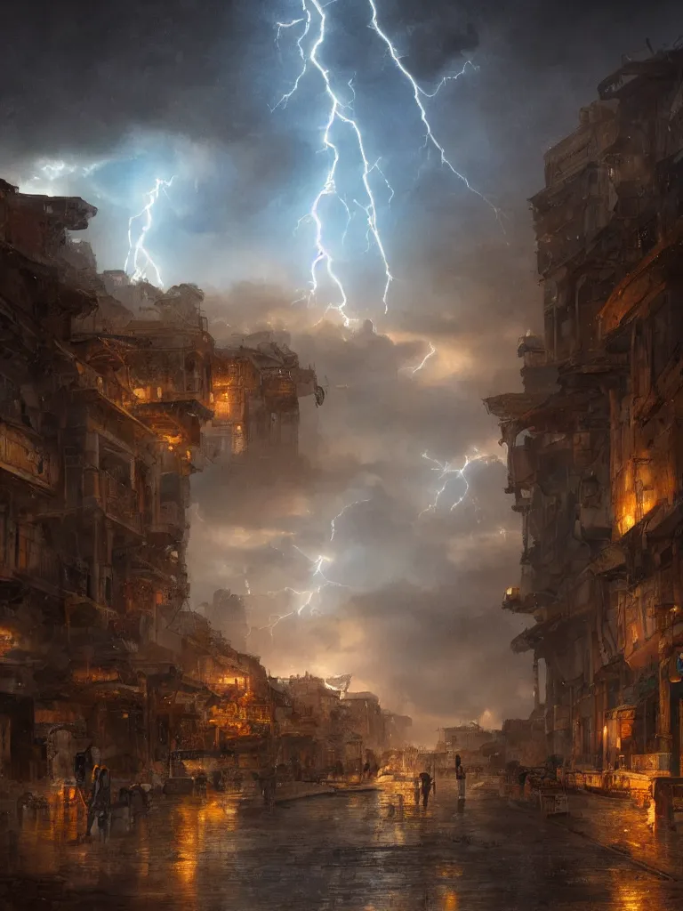 Image similar to epic scenery ancient city of troy under a sky full of lightning, intricate, elegant, volumetric lighting, digital painting, highly detailed, artstation, sharp focus, illustration, concept art, ruan jia, steve mccurry