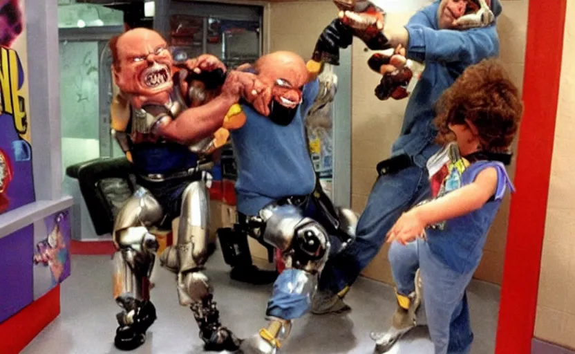 Prompt: the terminator fighting danny devito up in the chuck e cheese