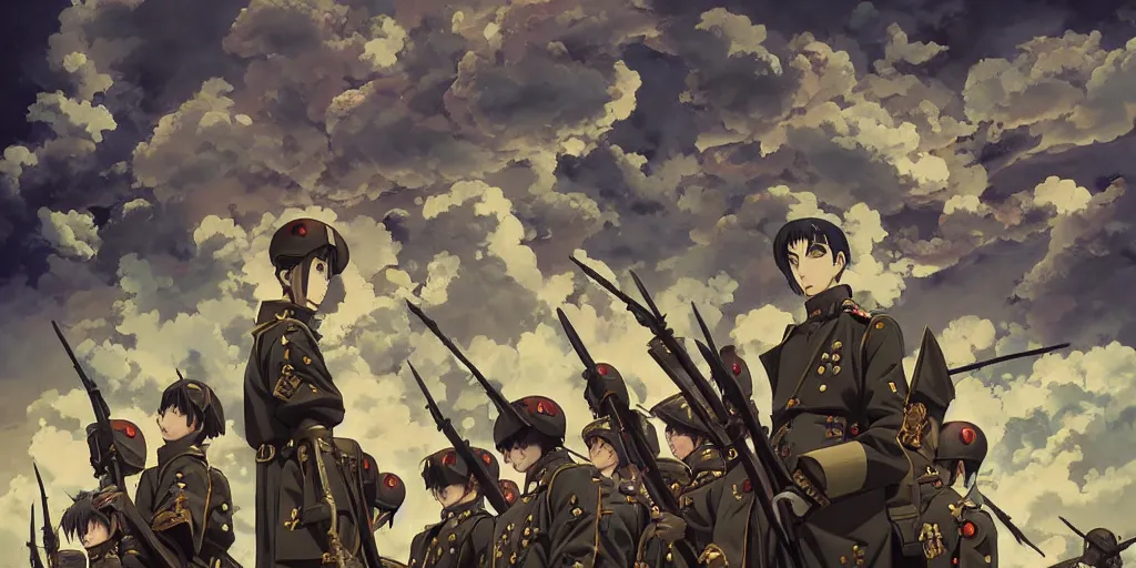 Image similar to baroque acrylic painting, anime key visual concept, brutalist fantasy world war 2 germany with anime maid soldiers, dictator fascist nationalist propaganda, rule of thirds golden ratio, fake detail, trending pixiv fanbox, style of makoto shinkai ghibli takashi takeuchi yoshiyuki sadamoto jamie wyeth james gilleard greg rutkowski chiho aoshima