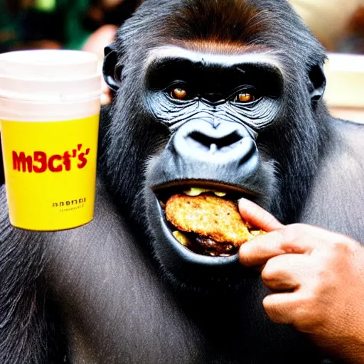 Prompt: 35mm photo of a gorilla eating a burger inside a McDonald's joint