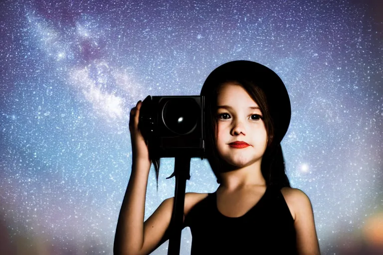 Image similar to blured girl on night vision, focused background night sky with stars, polaroid photo