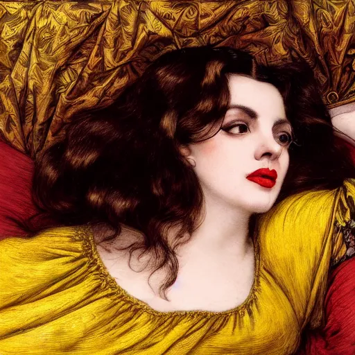 Image similar to hybrid of judy garland and lady gaga, brown fringe, large beautiful features, huge downslanted eyes, large full lips, reclining on flowing bed cool stylish, yellow ochre ornate medieval dress, john william waterhouse, kilian eng, rosetti, john everett millais, william holman hunt, william morris, 4 k