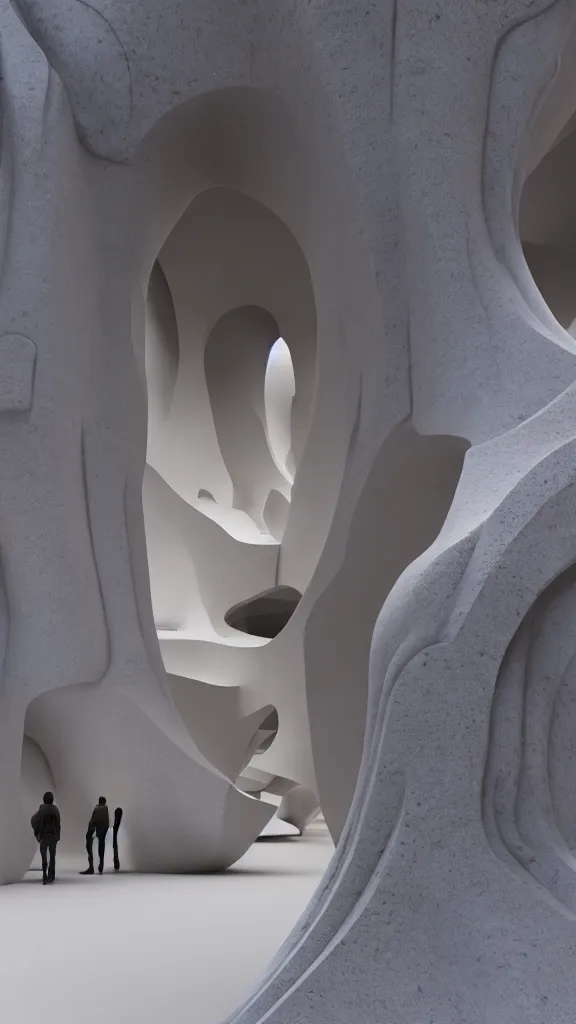 Prompt: the inside of a stone marble sculpture monument by arthur haas and bruce pennington and john schoenherr, architecture by zaha hadid, octane render, warm colour scheme, white, cinematic, scenery, high detail, high quality, close up angle, people walking