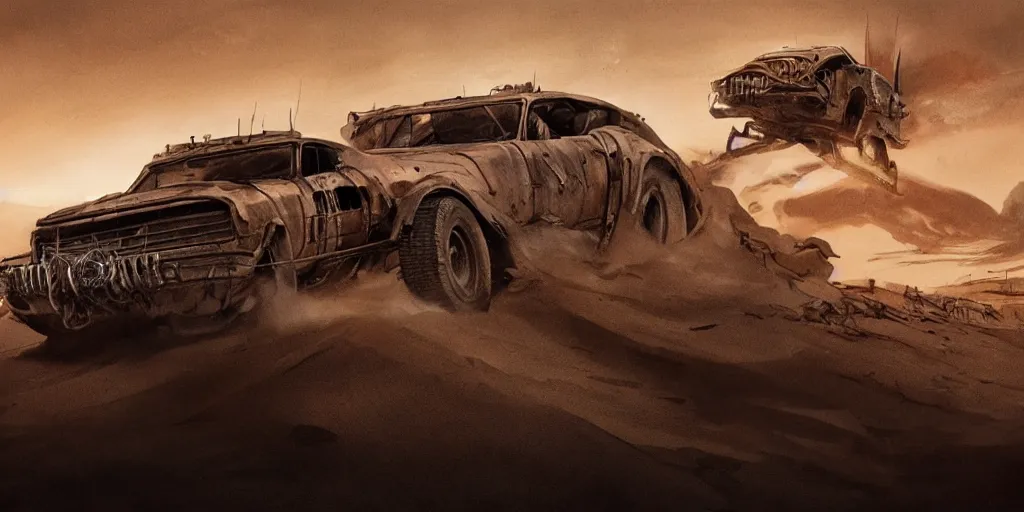 Image similar to an environmental concept art from mad max fury road, single muscle car speeding through the desert, highly detailed, cinematic, dramatic lighting by francis tneh