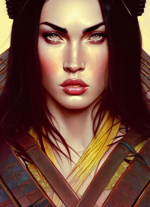 Image similar to portrait of megan fox as samurai, asian, katana, blossom, silk, japan, intricate, headshot, highly detailed, digital painting, artstation, concept art, sharp focus, cinematic lighting, illustration, art by artgerm and greg rutkowski, alphonse mucha, cgsociety