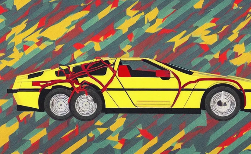 Prompt: a red delorean, yellow tiger stripe background, art by hsiao - ron cheng and utagawa kunisada, magazine collage, # de 9 5 f 0,