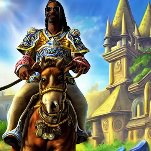 Image similar to snoop dogg riding a horse in stormwind city, warcraft