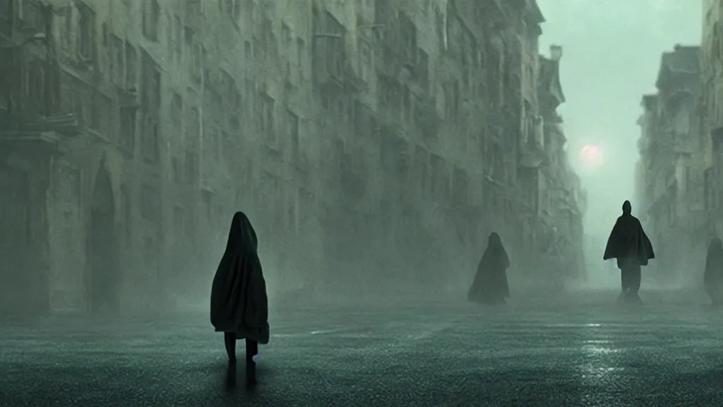 Image similar to a creepy creature walks down the street, film still from the movie directed by Denis Villeneuve with art direction by Zdzisław Beksiński, wide lens