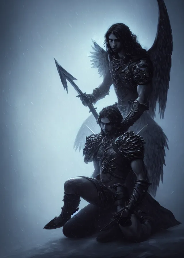 Image similar to dark blizzard art, portrait of fallen man angel kneeling with a sword and shield and wings, bokeh. dark art masterpiece artstation. 8k, sharp high quality illustration in style of Jose Daniel Cabrera Pena and Leonid Kozienko, concept art by Tooth Wu