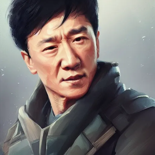 Image similar to “Portrait of young Jackie Chan by Greg Rutkowski, young, manly, attractive, strong, older brother vibes, highly detailed portrait, scifi, digital painting, artstation, concept art, smooth, sharp foccus ilustration, Artstation HQ”