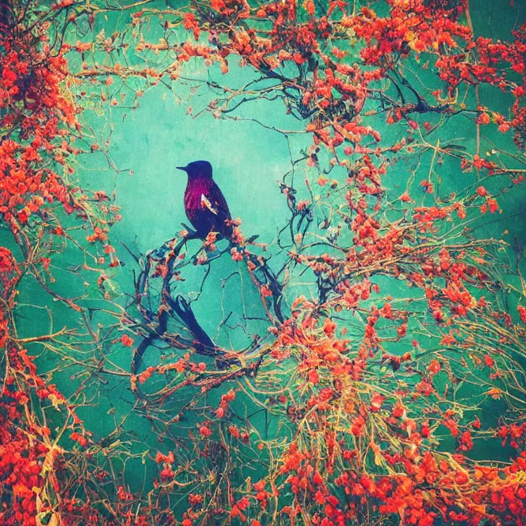 Image similar to human with the sea and the forest inside, veins diverge through the body like rivers filmed on a satellite, a person is decorated with wild berries, a beautiful bird is looking at him next, colorful picture