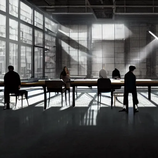 Image similar to cinematic concept, located in empty industrial warehouse with sunlight streaming through the windows, a large table in the middle of the frame that takes up a lot of space, a group of people standing around the table, on top of the table is a large hologram of a city futuristic city, some people are wearing virtual reality headsets in the foreground