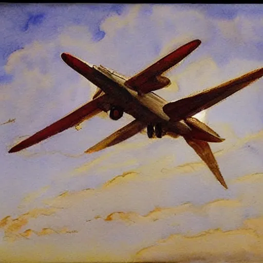 Prompt: flying airplane, watercolor painting by john singer sargent, beautiful artwork