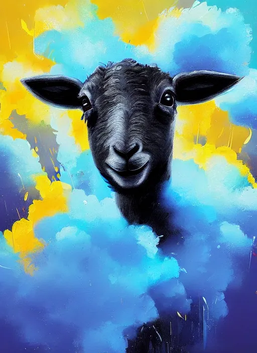 Image similar to a painting of a lamb's face with blue and yellow smoke coming out of, a digital painting by petros afshar, behance contest winner, digital art, behance hd, digital illustration, digital painting