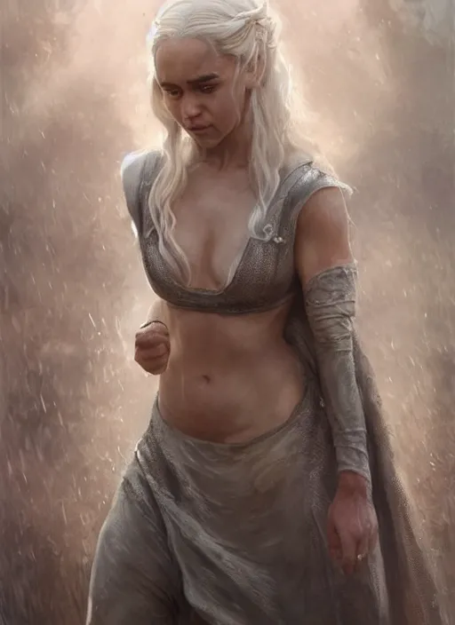 Image similar to Emilia Clarke as Daenerys Targaryen taking a rest under tree after an long adventure, a ruggedly muscled handsome heroine, intricate, elegant, highly detailed, centered, digital painting, artstation, concept art, smooth, sharp focus, illustration, artgerm, donato giancola, Joseph Christian Leyendecker, WLOP, Artgerm, thunder storm