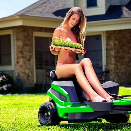 Prompt: a beautiful model in a bikini riding a lawnmower and eating a hamburger