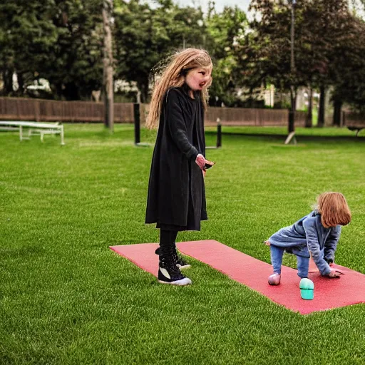 Image similar to the grim reaper losing a game of hopscotch to a little girl, photography