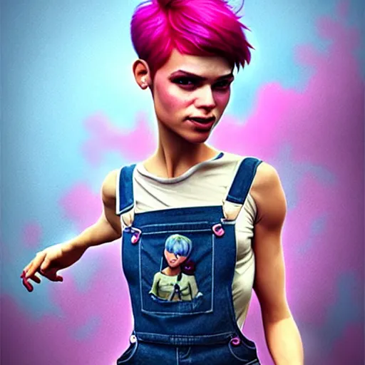 Image similar to full body pose, pixar, beautiful androgynous girl, pink pixie cut hair, torn overalls, short shorts, combat boots, fishnets, beautiful, highly detailed face, true anatomy!, extremely detailed!, digital painting, unreal engine 5, art by tom bagshaw