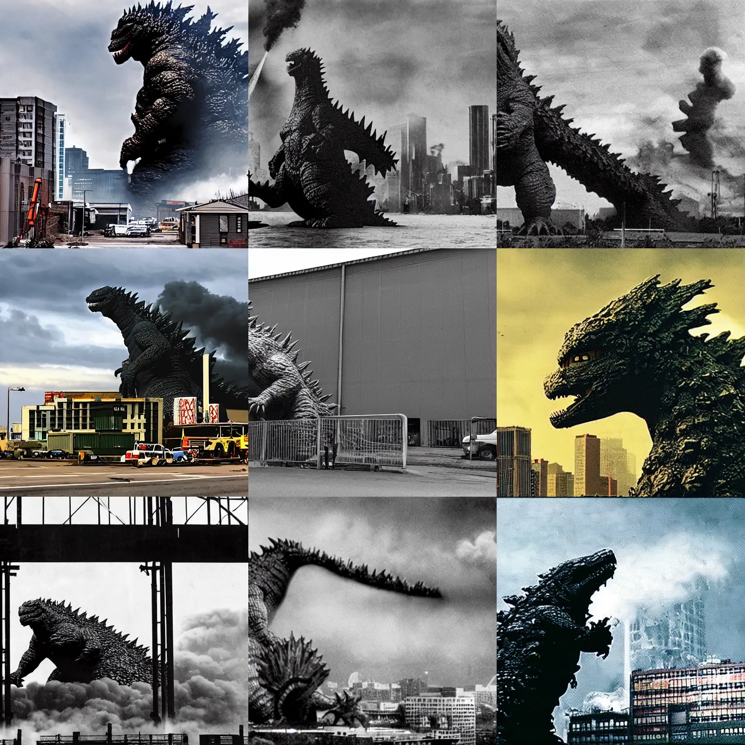 Prompt: godzilla attacking industrial building