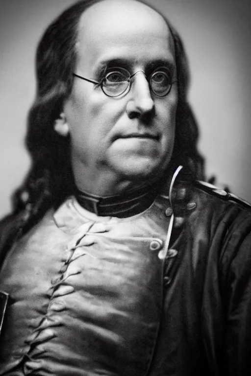 Image similar to benjamin franklin wearing a security guard uniform in game of thrones. dslr, 5 0 mm, f / 2. 8, studio lighting