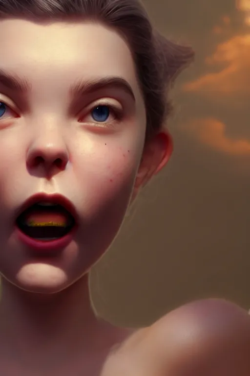 Image similar to anya taylor joy making silly faces selfie, pixar, volumetric lighting, epic composition, hyper detailed, ultra realistic, sharp focus, octane render, volumetric, ray tracing, artstation trending, cgsociety, sense of awe, 4 k