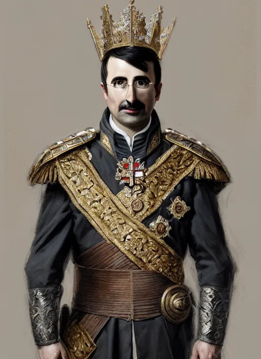 Image similar to portrait of lord john oliver as stoic king, royalty, extravagant, lord, full body, military uniform, fantasy, intricate, elegant, beautiful, highly detailed, charcoal, centered, dark, smokey, digital painting, artstation, concept art, art by artgerm and greg rutkowski and alphonse mucha