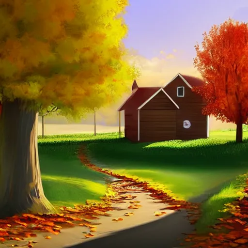 Image similar to autumn with fallen leaves, some wooden barrels outside the wooden house, the setting sun shines on the house and the ground, warm yellow tones, ilustration