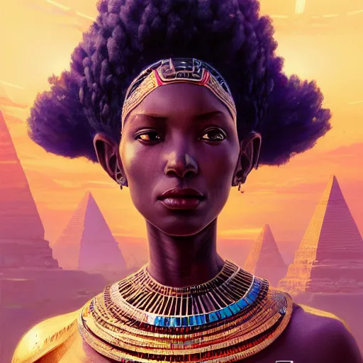 Image similar to highly detailed portrait of an african egyptian goddess, intricate alien technology, stephen bliss, unreal engine, fantasy art by greg rutkowski, loish, rhads, ferdinand knab, makoto shinkai and lois van baarle, ilya kuvshinov, rossdraws, tom bagshaw, global illumination, radiant light, detailed and intricate environment