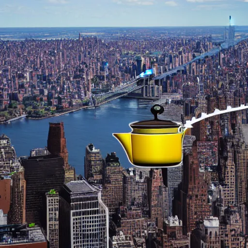 Image similar to a flying kettle, flying over new york city, high quality, highly detailed, 4k, award winning photo