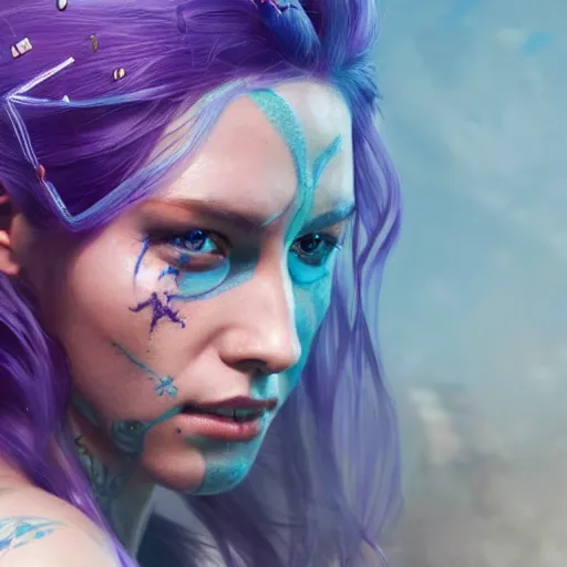 Prompt: a beautiful action portrait of an Atlantis princess, violet hair, blue-fabric, tattoos, by Greg Rutkowski and Raymond Swanland, Trending on Artstation, ultra realistic digital art