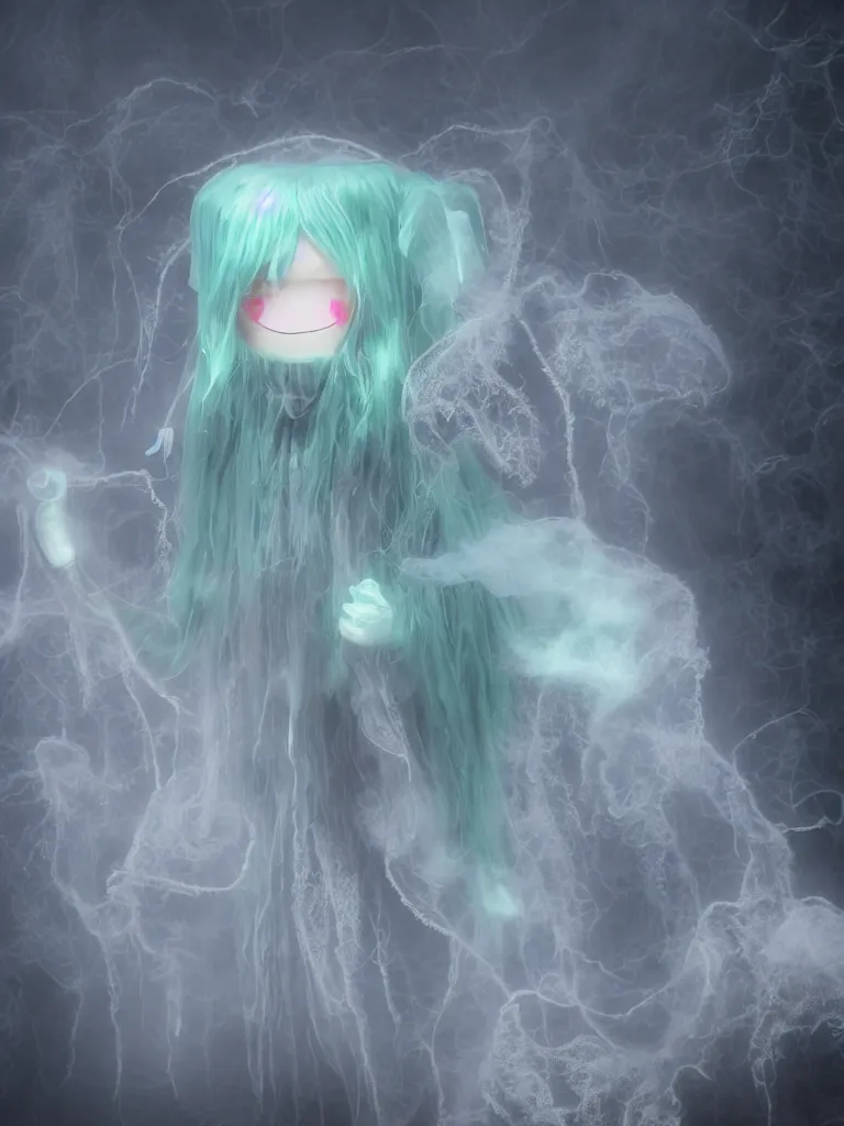 Image similar to cute fumo plush smiling ectoplasmic jellyfish ghost girl lingering in deep fog over mysterious waters, patchwork doll chibi gothic maiden in tattered melting rags, glowing wisps of hazy green smoke and eerie blue volumetric fog swirling about, moonlight, glowing lens flare, black and white, vray